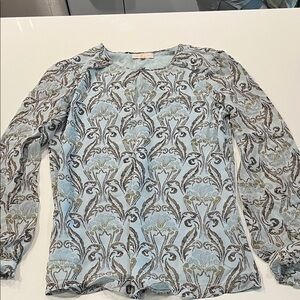 Tory Burch Pale Blue Printed Neckline Long Sleeve Blouse (Silk)